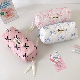 ペンケース 筆箱 メイクポーチ マルチケース 文房具 コスメ かわいい 女の子 中学生 高校生 大学生 持ち運び ピンク ブルー ブラック リボン柄 大容量 多機能 コスメ シンプル おしゃれ ファスナー 韓国 レトロ Y2K バレエコア