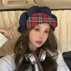 レディース つば付き デニム デザイン ハット チェック柄 かわいい 韓国 おしゃれ 春 秋 キャスケット キャペリンハット レトロ ヴィンテージ Y2K トレンド 春秋 カジュアル 女の子 青 水色 グレンチェック 日焼け対策 日除け 大きいサイズ イベント アウトドア 旅行