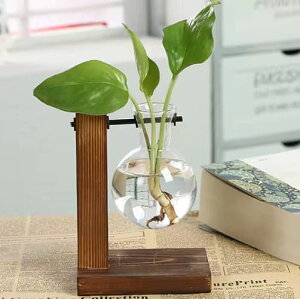 花瓶 1個 一輪挿し ガラス 透明 フラスコ 木製 おしゃれ フラワーベース 北欧 韓国 インテリア ヴィンテージ 枝物 観葉植物 ドライフラワー