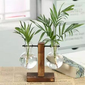 花瓶 2個 平行 一輪挿し ガラス 透明 フラスコ 木製 お洒落 フラワーベース 北欧 韓国 インテリア ヴィンテージ 枝物 観葉植物 ドライフラワー