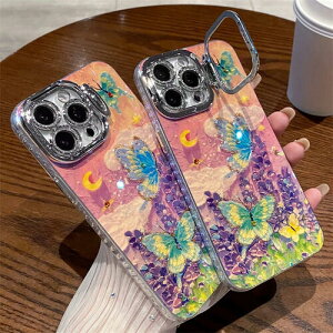 iPhone ケース 韓国 蝶 バタフライ 絵画 アート 油絵 カメラ保護 スタンド おしゃれ かわいい 大人女子 カバー 紫 キラキラ ストーン 11 12 pro
