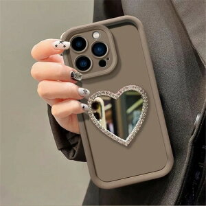 iPhone ケース シリコン ハート ミラー 鏡 背面ミラー カバー 耐衝撃 キラキラ ストーン ビジュー おしゃれ かわいい レトロ Y2K 白 赤 黒 茶色 スマホケース メイク直し カメラ保護 16 15 14 13 12 pr