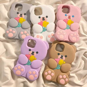 iPhone ケース くま シリコン キャラクター アニマル 動物 おしゃれ カバー スマホケース おもしろ 韓国 レトロ くすみカラー 花 チューリップ ベア 耐衝撃 ソフト ピンク 白 グレー 茶色 15 14 13