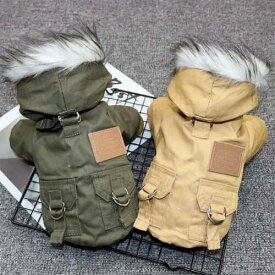 犬 服 ミリタリー ジャケット アウター 冬 暖かい フード 小型犬 中型犬 ペット 犬猫用 ウェア ダウン コート 防寒 ファー付き ドッグウェア アウトドア おしゃれ プレゼント 男の子 緑 黄色 ハーネス 散歩 ベルト かっこいい 大きいサイズ 送料無料