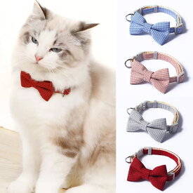 猫 リボン 首輪 調節可能 チェック かわいい ストレスフリー 犬 安全 赤 青 ピンク グレー おしゃれ 鈴なし 蝶ネクタイ 外れない ワイド