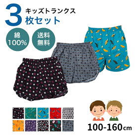 キッズ トランクス 綿100％ 男の子 子供 3枚セット 3枚組 ボーイズ インナー パンツ 前開き ウエストゴム 通気性 下着 100 110 120 130 140 150 160 肌にやさしい 吸汗速乾 通園 通学 洗い替え お得なセット まとめ買い 総柄 アニマル 星柄 ドット柄 ドクロ柄 ポップ