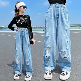 【12日2359までポイント10倍UP！】子供服 デニムパンツ ダメージ加工 ロングパンツ キッズ服 子供服女の子 キッズ 子供 こども ズボン ジーンズ ダンス ワイドパンツ パンツヒップホップジュニアダメージデニムパンツ