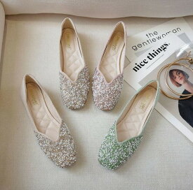 【年末セール！先着10名様に600円クーポンプレゼント！】パンプス痛くないvカットキラキラオフィスローヒールぺたんこパール付きバレエシューズフラットパンプススクエアトゥ通学柔パンプス通勤通勤走れる