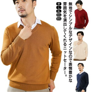 メンズ プルオーバー ニット ニットソー ニットセーター 長袖 セーター Vネック クルーネック ソフトタッチ 無地 リブ編み 秋冬 インナー ゴルフウェア ビジネス シンプル メンズファッショ