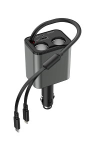 ★10月限定で最大3800円OFF★シガーソケット2連 急速充電 増設 USBポート 電圧計 USB充電器 12-24V車対応 スマホ充電器 巻き取り式 Type-c iPhone同時充電 Lightning カーチャージャー 5台同時充電 Android T