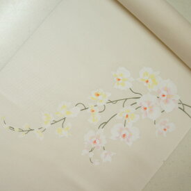 正絹織地手描き染帯　お仕立て付き　極薄いクリーム地　胡蝶蘭　お買い得品　染帯