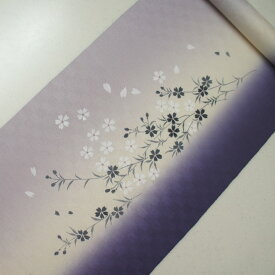 正絹紋意匠引きぼかし9通染帯　たれ先無地　手描き　染帯　しだれ桜柄　紫地