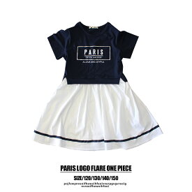 PARISロゴ 半袖フレアワンピース ワンピース 半袖 シンプル ジュニア ネイビー 春 夏 ホワイト ロゴ フレアスカート 切り替え 女の子 Aライン 韓国 子ども服子供服yuai