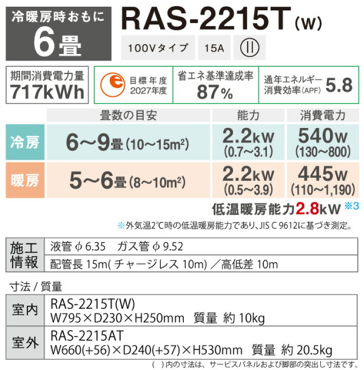 楽天市場】東芝 TOSHIBA ルームエアコン RAS-2215T(W) ホワイト 主に 6 