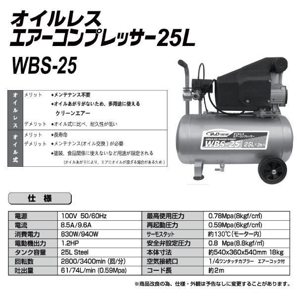 楽天市場】シンセイ オイルレス エアーコンプレッサー25L WBS-25 1.2