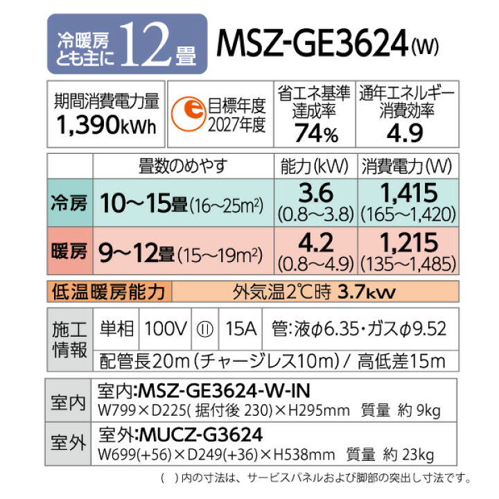 楽天市場】三菱電機 ルームエアコン 主に 12畳用 霧ヶ峰 MSZ-GE3624-W 
