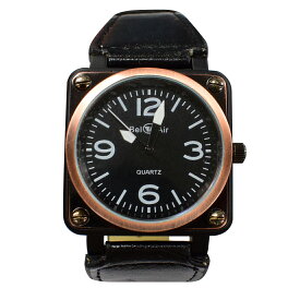 腕時計 Bel Air 腕時計 OSD15S メンズ腕時計 ミッドサイズ 角型コーティングケース 航空計器デザイン PUレザーベルト クォーツ 男性用 ピンクゴールド×ブラック 【代引き不可】