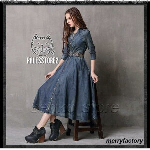 ワンピース レディース カジュアル 秋 春 デニム 刺繍 ロングワンピース ロング丈 マキシ Vネック 七分袖 エスニック レトロ Aライン シンプル おしゃれ デート