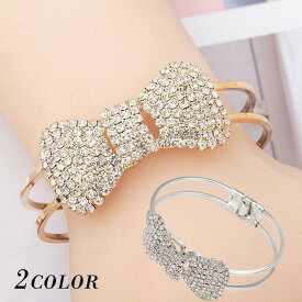 バングル ブレスレット リボンデザイン ラインストーン ゴールドカラー レディース アクセサリー かわいい ギフト プレゼント 誕生日 クリスマス