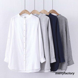 ガーゼシャツ レディース トップス 春 夏 秋 長袖 シャツブラウス シャツ バンドカラーシャツ ロールアップ袖 大きいサイズ 通勤服 オフィス 白