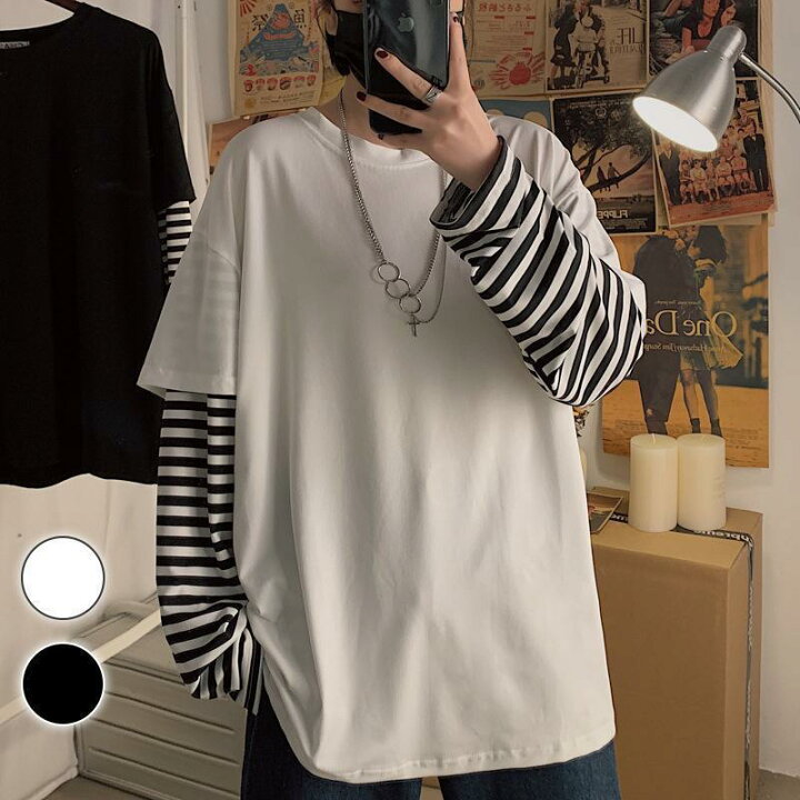 楽天市場】重ね着風Tシャツ メンズ 長袖 春 レイヤード ボーダーT 