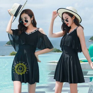 水着レディース 体型カバー 水着 ワンピース型 セパレート 肩出し 小胸バンドゥ 水着2点セット 黒 フリル 韓国風 40代 大きいサイズ 可愛い ウェア 温泉 ママ