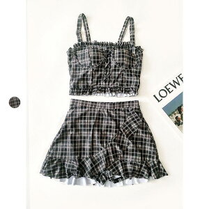 水着 レディース 全3色 チェック柄 セパレート水着 フリル 体型カバー 小胸バンドゥ スイムウェア オールインワン フレア 大きいサイズ