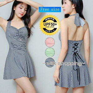 水着 レディース ワンピース水着 ノンワイヤー オールインワン チェック柄 体型カバー サロペット カジュアル きれいめ 学生 プール 可愛い ビーチ