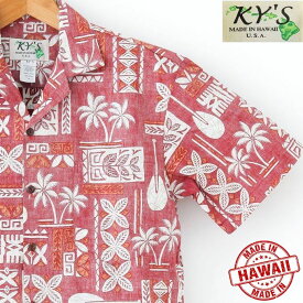 アロハシャツ ハワイ製 メンズ【KY'S】 TAPA幾何学模様柄/ワインレッド/裏生地 赤色・開襟・コットン100% ギフト・プレゼント 【大きいサイズ有/小さいサイズ有】