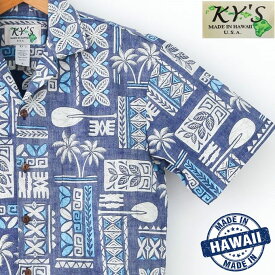 アロハシャツ ハワイ製 メンズ【KY'S】 TAPA幾何学模様柄/ネイビー/裏生地 紺色・開襟・コットン100% ギフト・プレゼント 【大きいサイズ有/小さいサイズ有】