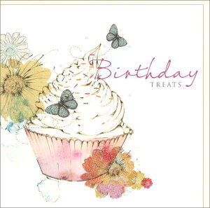 グリーティングカード【誕生日/バースデー】「カップケーキと蝶と花」【封筒/162×162mm】【封筒の色/アイボリー】【中面/文字あり「Especially for you」】【キラキラのフリッター加工あり】