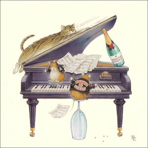 グリーティングカード【多目的】ピーター・クロスシリーズ「ピアノにしがみつく猫とはしゃぐねずみたち」（PCII0014）[FSC認証]【キャット/マウス/ワイン/楽譜/グラス/音楽/おしゃれ/かわい