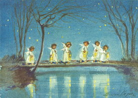 ポストカード アート クリスマス ケーガー「ランタンを持った6人の天使」105×148mm 名画 メッセージカード 郵便はがき コレクション(VD7454)
