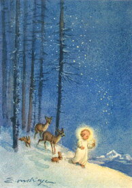 ポストカード アート クリスマス ケーガー「ろうそくを持った天使と鹿とうさぎ」105×148mm 名画 メッセージカード 郵便はがき コレクション(VD7498)