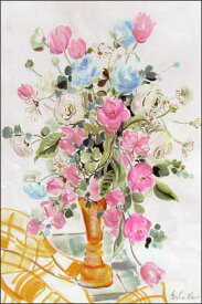 ポストカード アート 長谷川英助「花瓶に入ったブルーとピンクの花」103×150mm 郵便はがき メッセージカード 誕生日 母の日(AU-005)