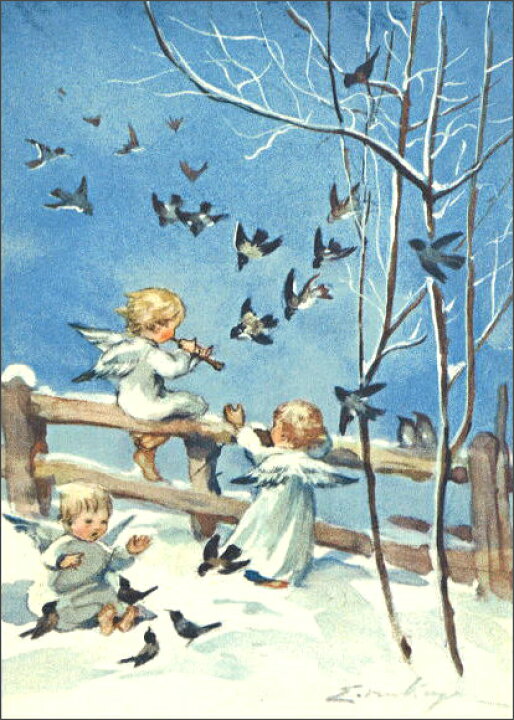 ポストカード アート クリスマス ケーガー「音楽を奏でる3人の天使と小鳥たち」105×148mm 名画 郵便はがき メッセージカード(VD7455)  ユージニア 