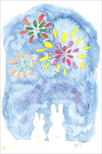 ポストカード イラスト marron125「花火に酔いしれるうさぎたち」100×150mm 作家 水彩画 ウサギ 動物 夜空 かわいい(IOK-009)