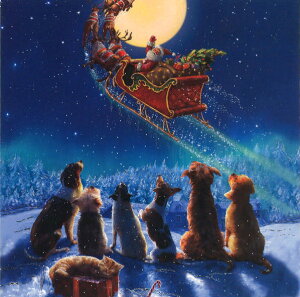 グリーティングカード【クリスマス】「サンタを見送る犬たち」 【封筒付き/白】【封筒サイズ/163×163mm】メッセージカード ギフト(PSLM0004-1)