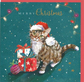 グリーティングカード クリスマス「猫とプレゼント」封筒163×163mm イラスト メッセージカード