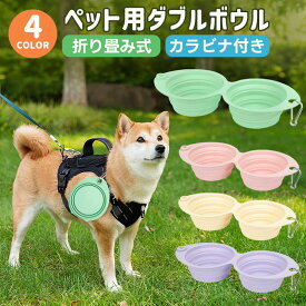 ペット用ダブルボウル 犬用 猫用 折りたたみ式 シリコン ダブルフードボウル トレイ シリコンボール ペット用 犬 猫 折畳み 餌食器 エサ 入れ 水入れ おやつ 滑らない トレー カラビナ付き アウトドア ドッグラン お出かけ 旅行 災害 避難所 防災グッズ 収納簡単