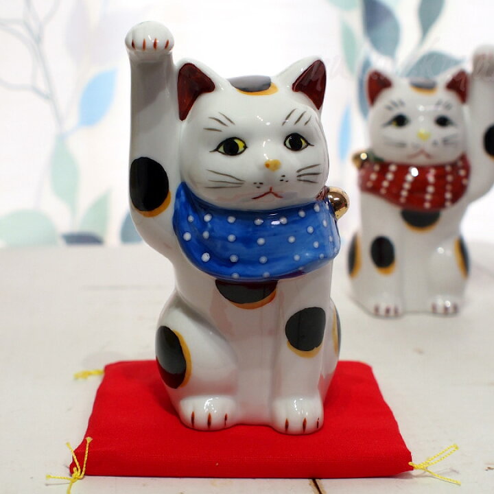 楽天市場】招き猫 赤絵4寸手長 右手招き猫 座布団付き 金運 幸運 日本 