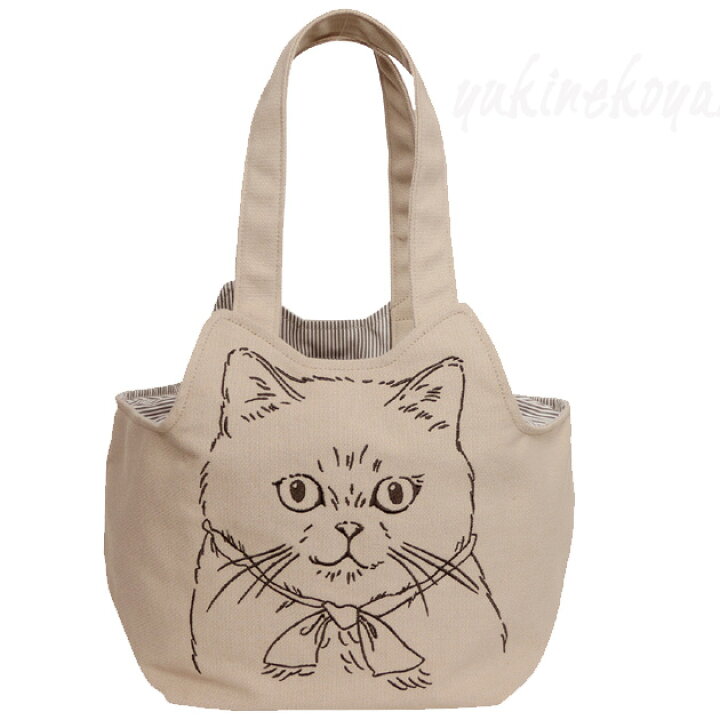 楽天市場】猫 フェイス刺繍トートショルダー 猫顔 猫耳ポケット 巾着 