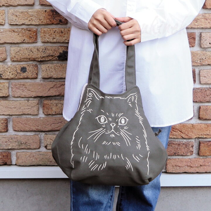 楽天市場】猫 フェイス刺繍トートショルダー 猫顔 猫耳ポケット 巾着 