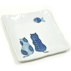 猫柄の角皿 藍猫 手描き一珍 瀬戸焼 日本製 取り皿 お皿 プレート 和風 和陶器 食器 うつわ 猫柄 ギフトプレゼント包装無料 猫雑貨 猫 グッズ ネコ 雑貨 ねこ柄 キャット