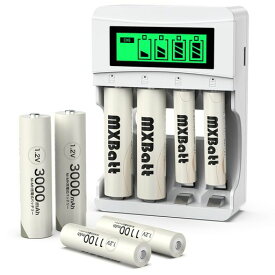 MXBATT 充電池 ニッケル水素電池 単3電池 充電式 LCD急速充電器セット単3形充電池 4本 単4形充電池 4本 充電池 充電器 電池と充電器の組み合わせ