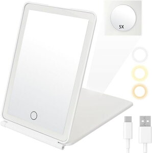 FASCINATE卓上ミラーledライト付き化粧鏡折りたたみ式3光色切替明るさ調整角度調節USB充電持ち運びに便利コンパクト5倍拡大鏡付きメイク女優ミラー