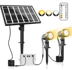 MEIKEE改良版ソーラーガーデンライトソーラーライト屋外【リモコン付き】スポットライト電球色昼白色昼光色3色切替3段階調光IP66防水3000mAH200LM*2明暗センサー自動点灯/消灯連続点灯12時間…