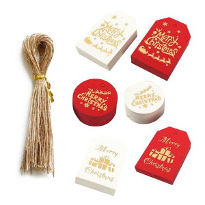 サンキュータグ長方形丸ハート100枚クラフトタグクリスマスMerryChristmas値札糸付き下げ札麻糸付きパーティー撮影用ギフトタグクラフトタグ(丸いヘラジカの模様白)