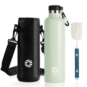 FJbottle水筒1リットル真空断熱保温保冷第2世代ステンレスボトル直飲みスポーツボトルスポーツ飲料対応水筒カバー洗浄用スポンジ付き男の子女の子大人子供ライトグリーン