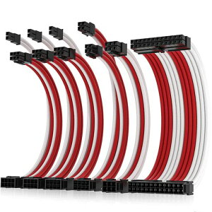 AsiaHorse更新16AWGPC電源延長ケーブル、GPU/CPU用PCスリーブケーブルキット、電源コンピュータケーブル延長ケーブルコーム付き、24PIN/(6+2)PIN/(4+4)PINケーブル管理、30CM、白+赤